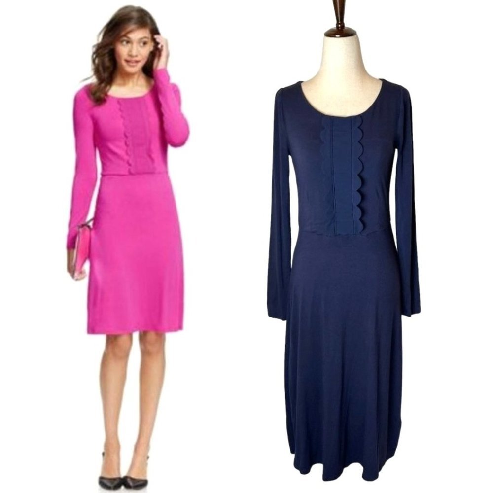 Boden Navy Blue Jersey Knit Long Sleeve Scallop Bib Front Poppy Dress Size 4